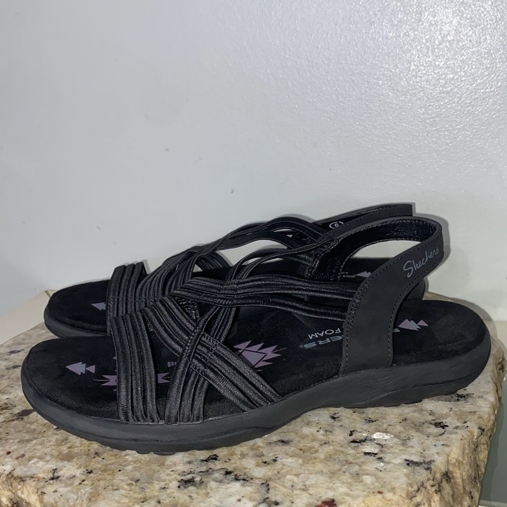 Skechers Reggae Slim Sunnyside Stretch Fit Woven Strap Black Sandals Women Sz 6 - Picture 9 of 16